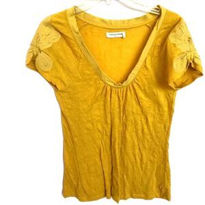 Anthropologie Pilcro Top Flower Sleeves Mustard Yellow Size Medium